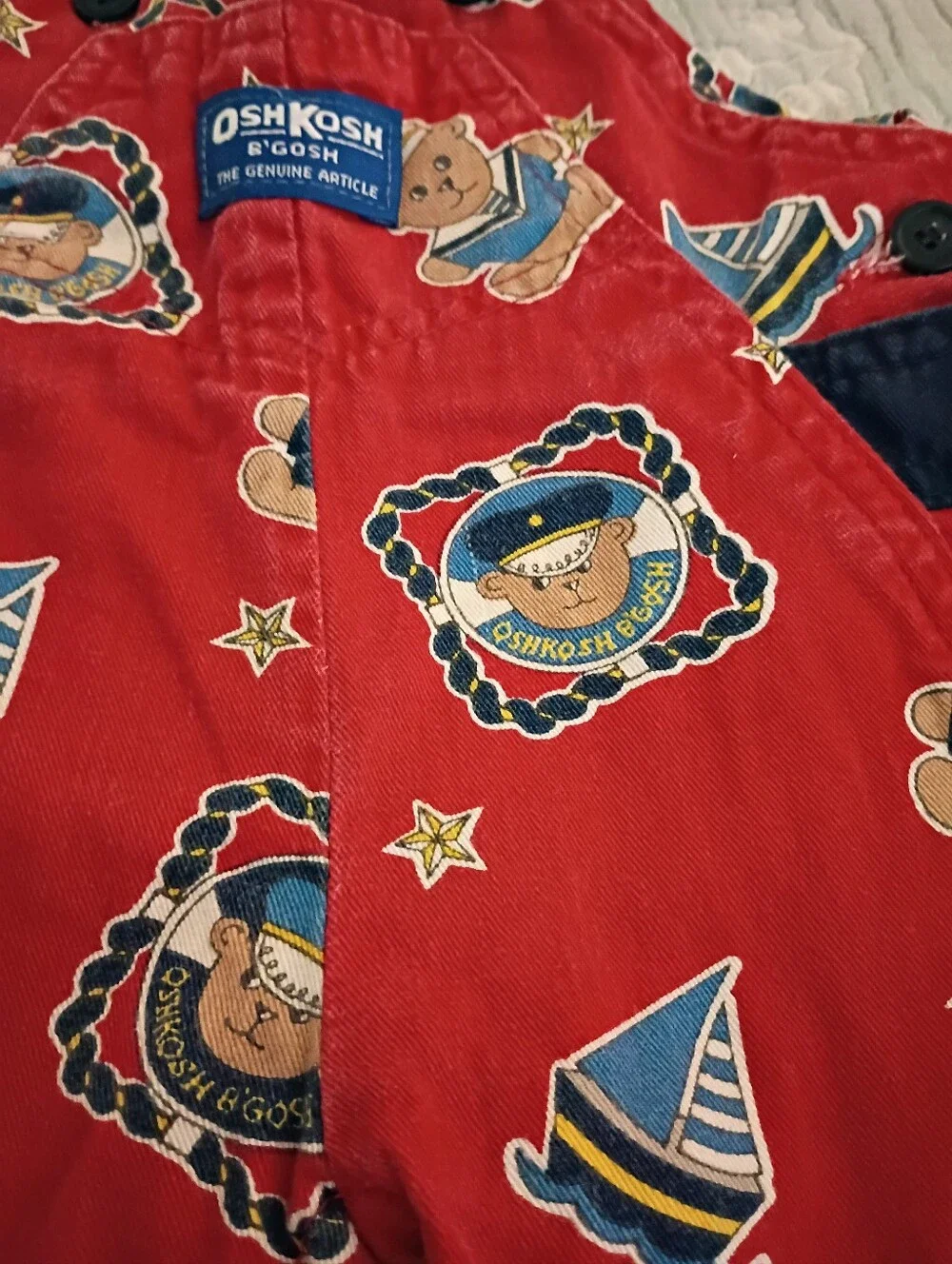 Vintage Oshkosh Red Dinem Overalls Teddy Bear Sailor/Sailboats 3-6 Months Cotton